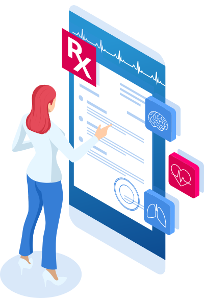 Graphic of a woman using a physician portal that ties into a Clinical LIMS Software system.