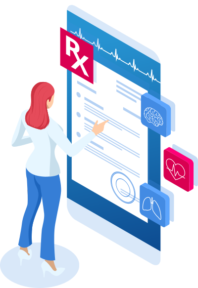 Graphic of a woman accessing clinical services of a Healthcare and CRM system.