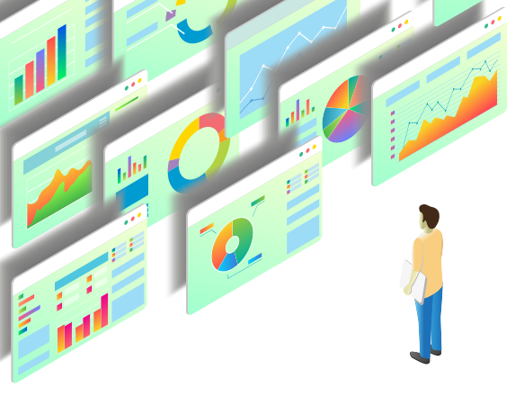 Graphic of a man looking at many screens of data, like those that could be displayed using Clinical LIMS Software.