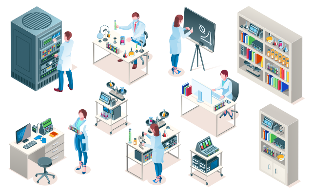 A busy laboratory with computers interfacing with Healthcare and CRM software.